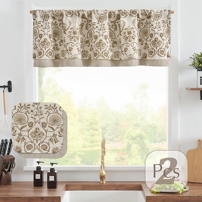 jinchan Linen Valance Kitchen Curtain Pack of 2 Double Layer 16 Inch - Image 4