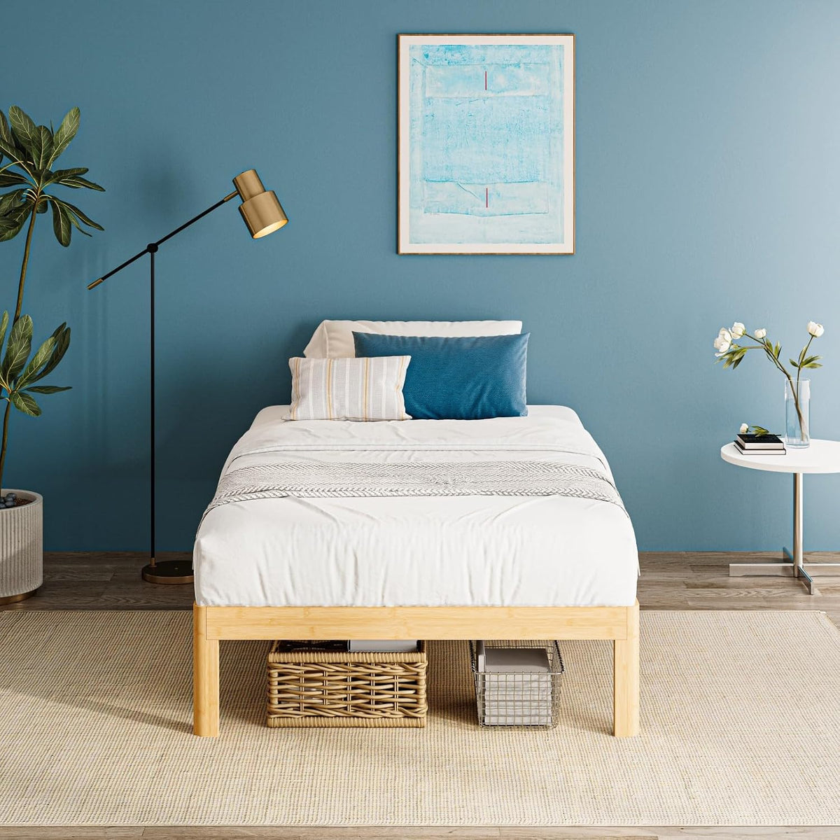 14 inch high bamboo wood twin bed frame, close-up detail