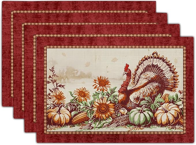 Giwawa 4PCs Thanksgiving Placemats 12x18 Inch Fall Harvest Turkey Autumn by Giwawa