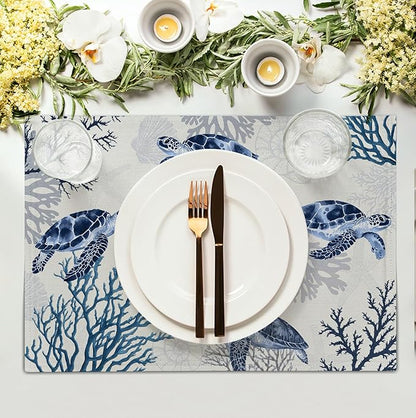 Coastal Beach Placemats Set of 4 Nautical Theme Coral Sea Turtle Navy Blue - Image 3