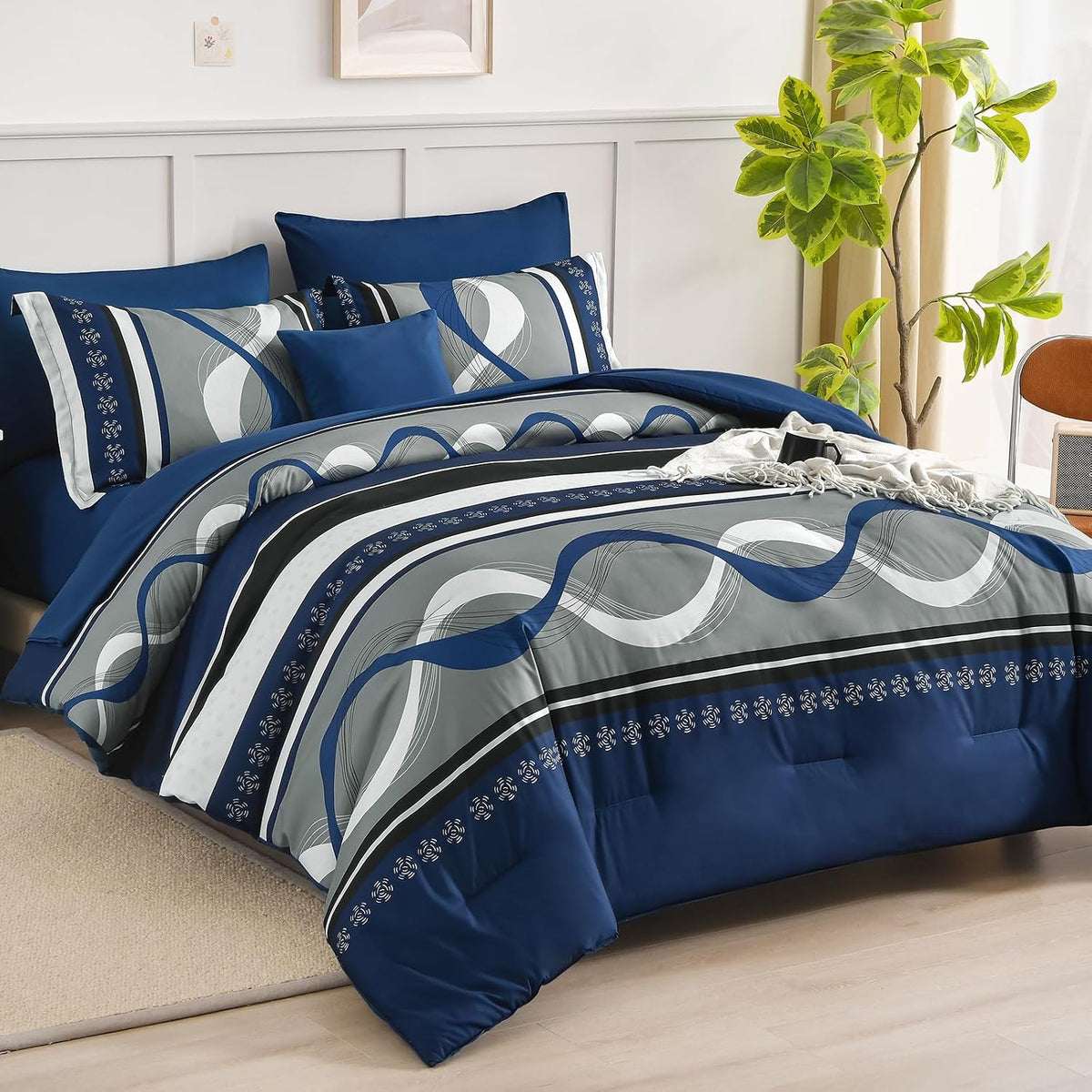 anibedding king size comforter set,navy blue boho bed shown in use