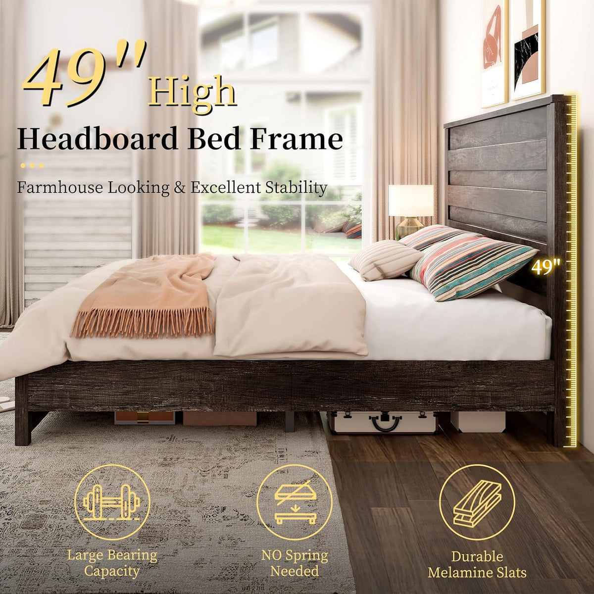 luxoak king farmhouse bed frame with 49" tall, side view