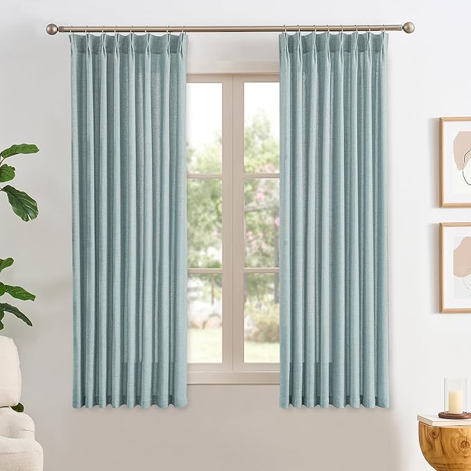 Light Blue Linen Pinch Pleat Curtains 45 Inches Long Pleated Semi Sheer by RAIN+CITY