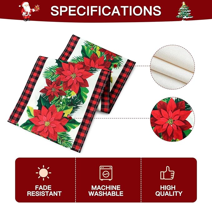 OTOSTAR Black and Red Buffalo Check Plaid Holly Christmas Flowers Table Runner - Image 6