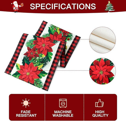 OTOSTAR Black and Red Buffalo Check Plaid Holly Christmas Flowers Table Runner - Image 6
