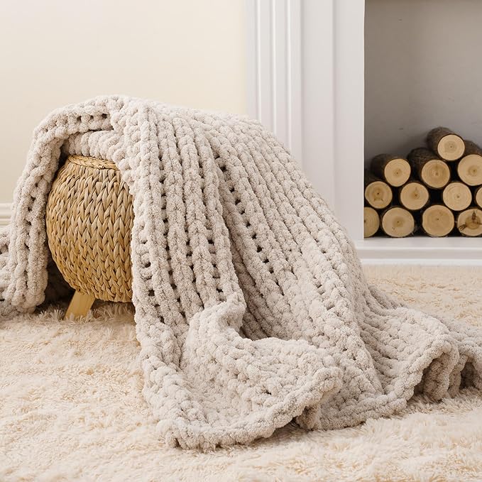 Battilo Beige Chunky Knit Throw Blanket, Soft and Thick Cream Chenille Throw - Image 6