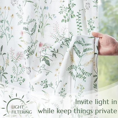 JINCHAN Linen Kitchen Curtain Floral Printed Tier Curtain 24 Inch Farmhouse - Image 4