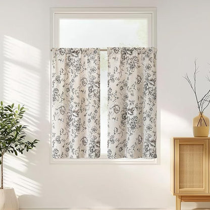 jinchan Floral Linen Tier Curtains 45 Inch Farmhouse Botanic Cafe Drapes by JINCHAN