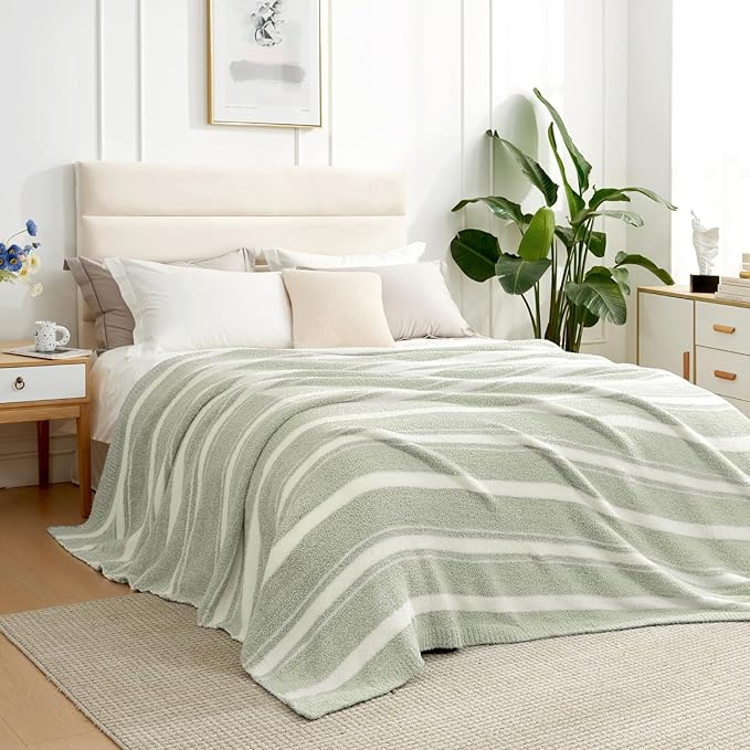 Snuggle Sac Stripe Sage Green Blanket Twin Size, Reversible Super Soft Warm Bed - Image 3
