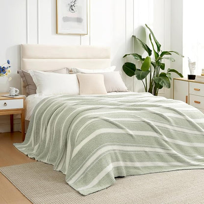Snuggle Sac Stripe Sage Green Blanket Twin Size, Reversible Super Soft Warm Bed - Image 3