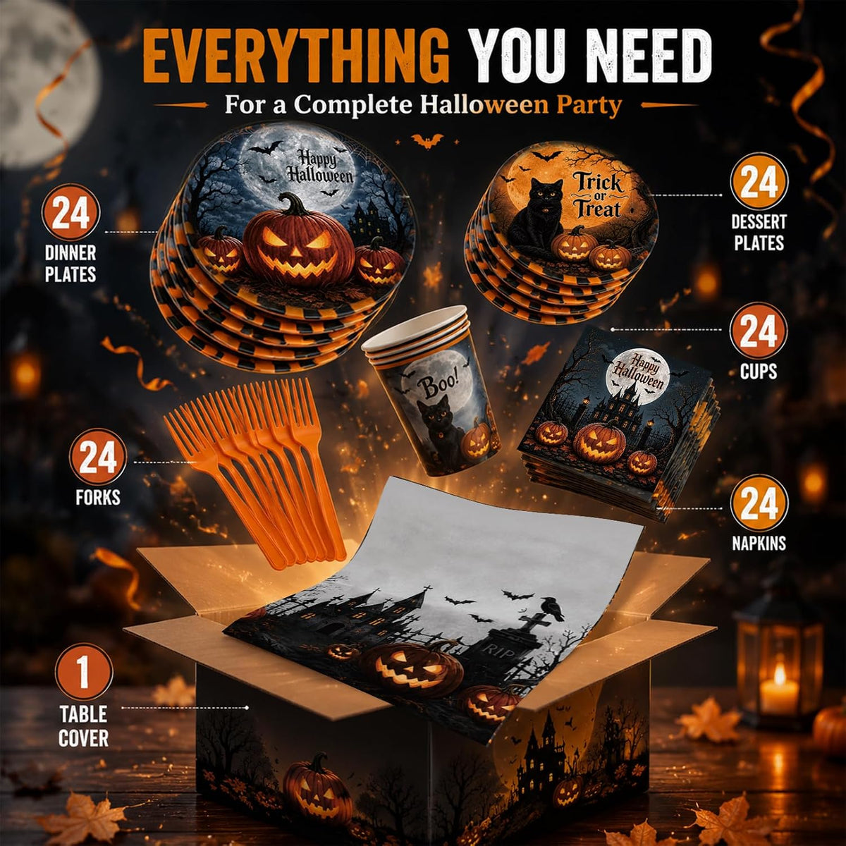 Halloween Party Supplies Plates and Napkins Set, Halloween Disposable Tableware with Dinner Plates, Dessert Plates, Cups, Napkins, Forks & Tablecloth for Halloween Party Decorations, Serves 24