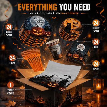 Halloween Party Supplies Plates and Napkins Set, Halloween Disposable Tableware with Dinner Plates, Dessert Plates, Cups, Napkins, Forks & Tablecloth for Halloween Party Decorations, Serves 24