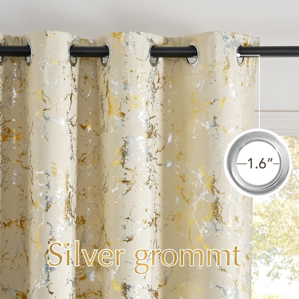NICETOWN Sliver Gold Foil Patterned Beige Blackout Curtains 84 Inches Long