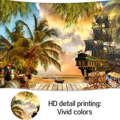 10X8ft Pirate Theme Photo Backdrop Photography Background, Pirate Ship Treasure Chest Map Gun Halloween Trunk or Treat Backdrops Photo Booth Prop Decorations Wall Decor Tablecloth