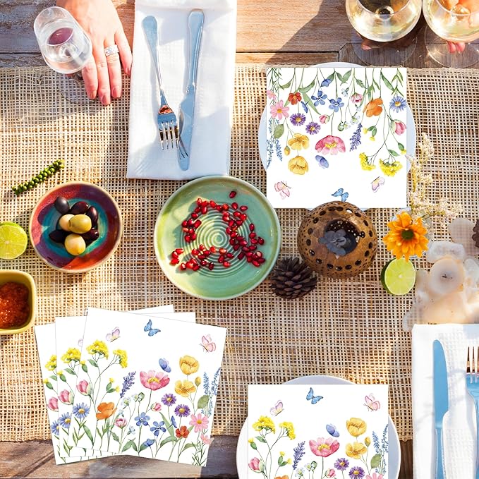 50 Count Wild Flowers Floral Paper Napkins, Disposable Spring Garden Party - Image 3