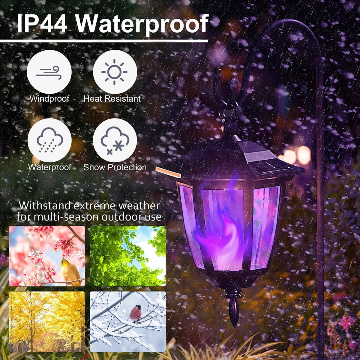 Dynaming 4 Pack Solar Halloween Flame Hanging Lights Outdoor, Flickering Flame LED Garden Lanterns with 4x38 Inch Shepherd Hooks, Landscape Lighting Waterproof for Lawn Yard Pathway Driveway, Purple