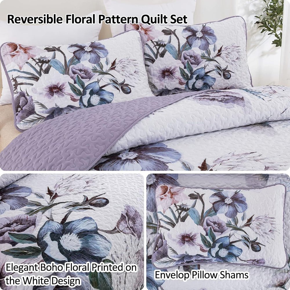 Drucon Purple Floral Quilt Set King 3 PCs Purple Botanical Flower Quilt Set