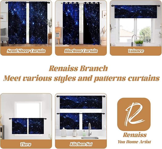 Renaiss 26 x 24 Inch Universe Kitchen Curtains Night Blue Galaxy Cafe Short - Image 8