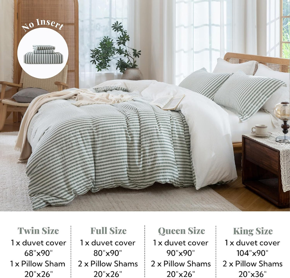 MILDLY Jacquard Striped Duvet Cover Set 3pcs Dual Zipper Sage Queen