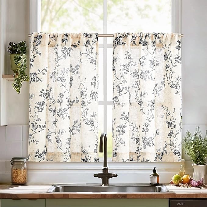 jinchan Floral Kitchen Curtains 36 Inch Linen Tier Curtains Farmhouse Cafe Half by JINCHAN