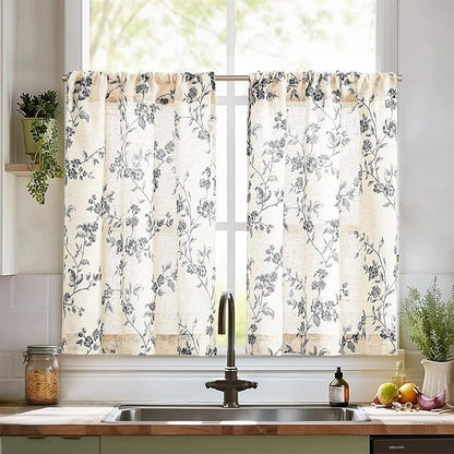 jinchan Floral Kitchen Curtains 36 Inch Linen Tier Curtains Farmhouse Cafe Half by JINCHAN