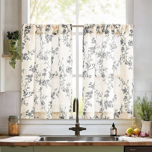 jinchan Floral Kitchen Curtains 36 Inch Linen Tier Curtains Farmhouse Cafe Half by JINCHAN