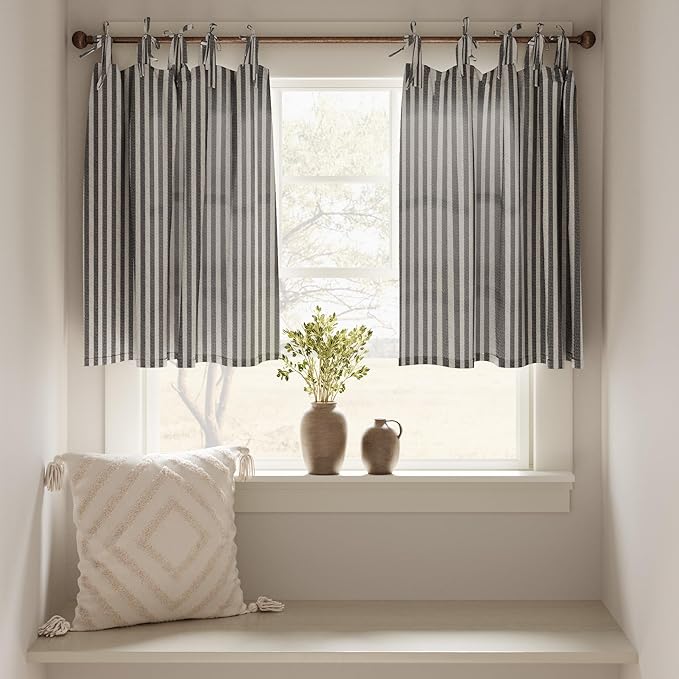 JINCHAN Tie Top Linen Kitchen Curtains 36 Inch Striped Tier Curtains Farmhouse - Image 3