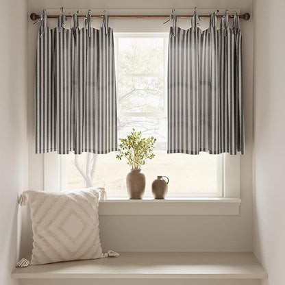 JINCHAN Tie Top Linen Kitchen Curtains 36 Inch Striped Tier Curtains Farmhouse - Image 3