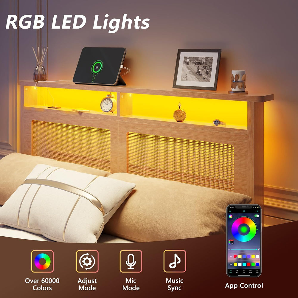 Boho Full Bed Frame with Rattan Headboard, LED, Charging & Storage