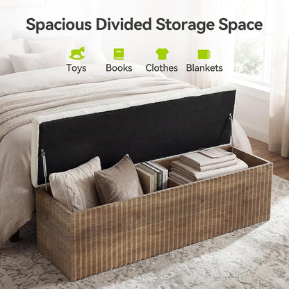 little tree upholstered end of bed storage bench, front angle view