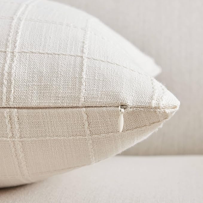 ZeeMart Linen Checked Throw Pillow Covers Set of 2, 18x18 Inch Allover Grid - Image 2