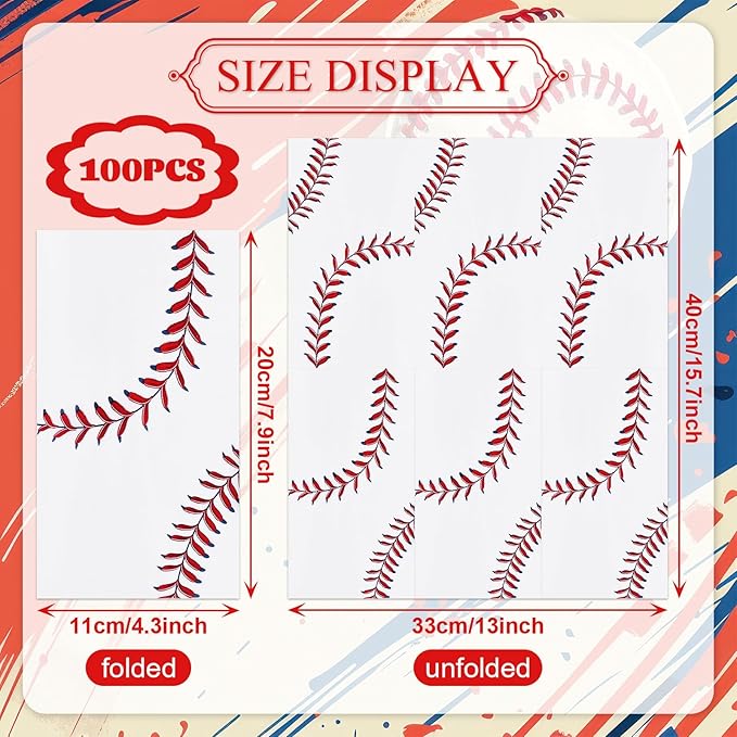 100 Pack Baseball Party Paper Napkins – 13 x 16 Inches Unfolded, 3-Ply - Image 2
