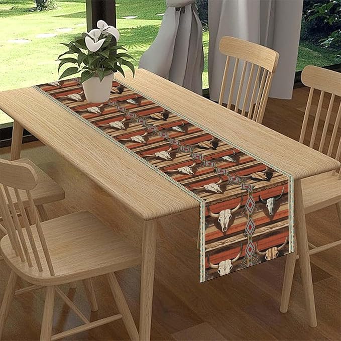 Western Table Runner, Rustic Country Cow Aztec Retro Farmhouse Bones American - Image 2