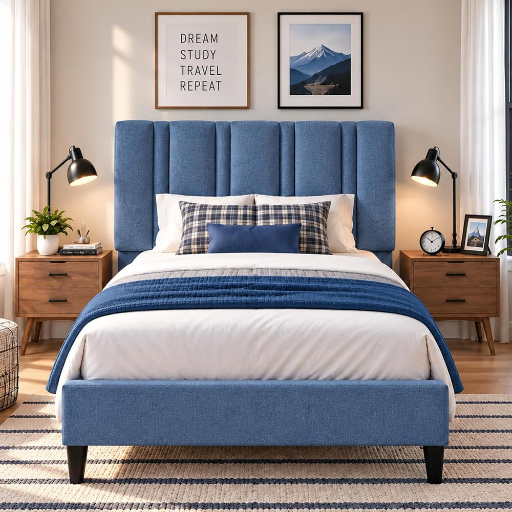 Lullabyre Twin Bed Frame with Adjustable Upholstered Headboard, Linen Fabric ...