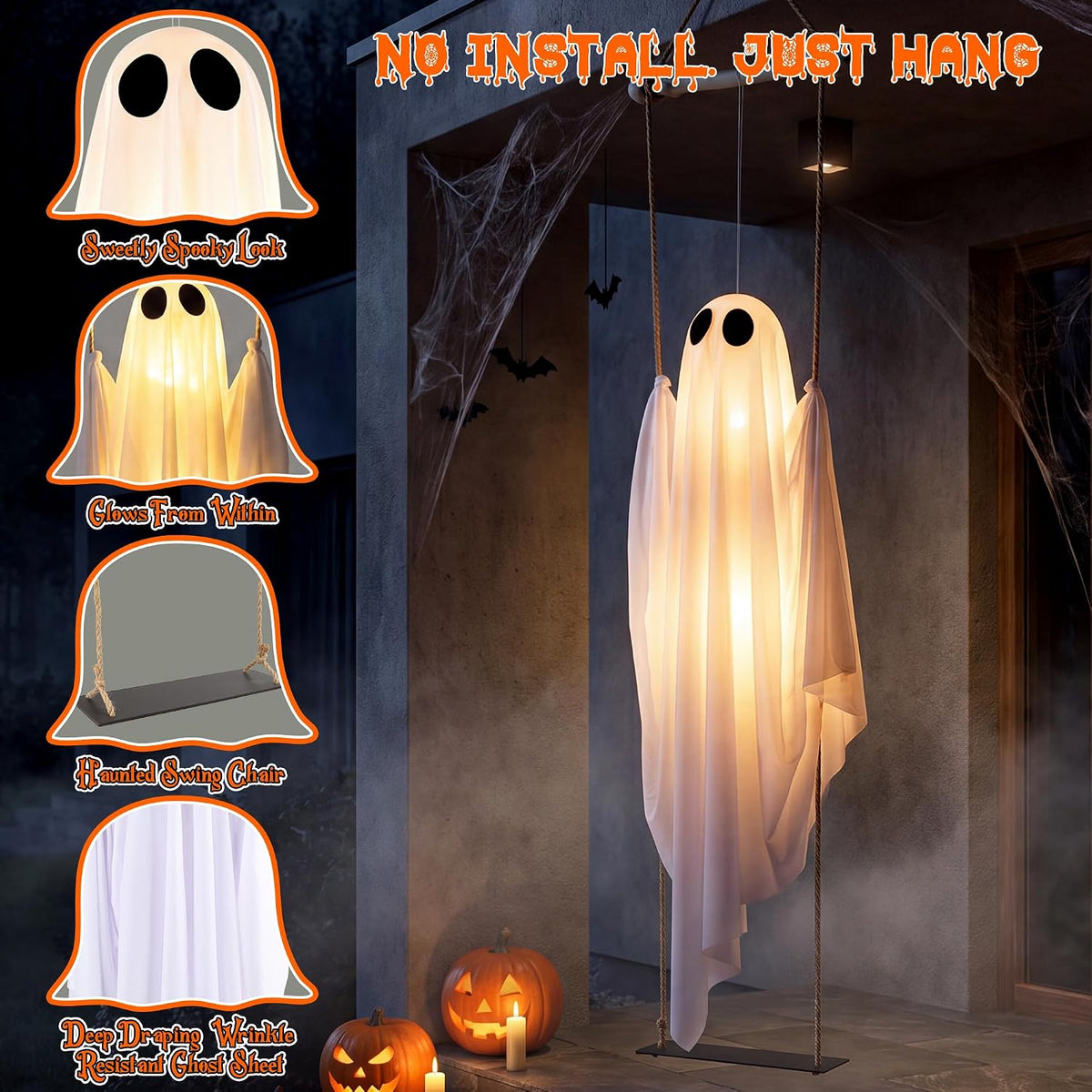 Halloween Decorations Outdoor Indoor, 5 FT Large Pre-Assembled Swinging Ghost, Halloween Hanging Spooky Swing Ghost Decor for Outside Porch Yard Tree Garden Lawn