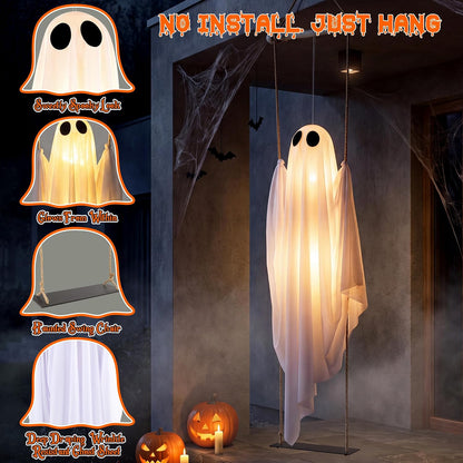 Halloween Decorations Outdoor Indoor, 5 FT Large Pre-Assembled Swinging Ghost, Halloween Hanging Spooky Swing Ghost Decor for Outside Porch Yard Tree Garden Lawn