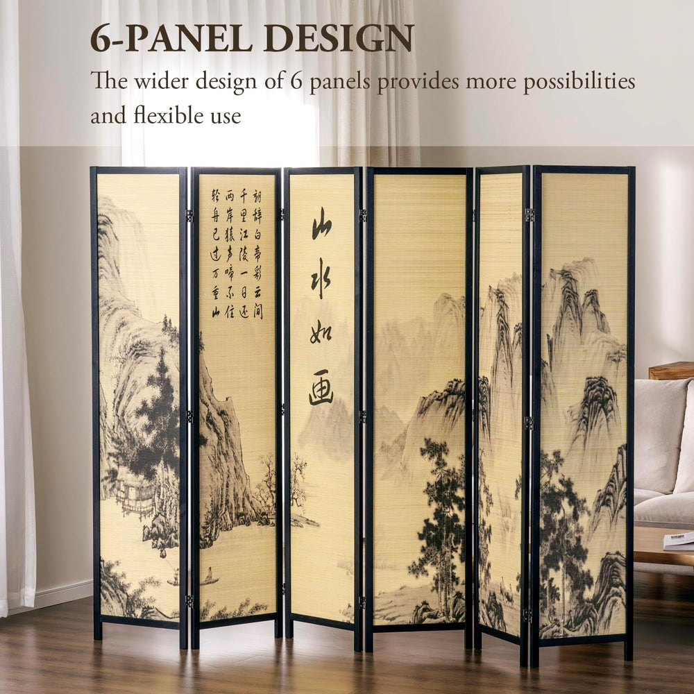 MyGift 6 Panel Room Divider with Bamboo Screen Chinese Calligraphy Design