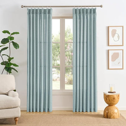 Light Blue Linen Pinch Pleat Curtains 108 Inches Long Pleated Semi Sheer by RAIN+CITY