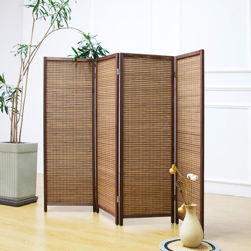 Furnnylane 4 Panel Short Room Divider Screen,Brown Freestanding Partition,Sma...