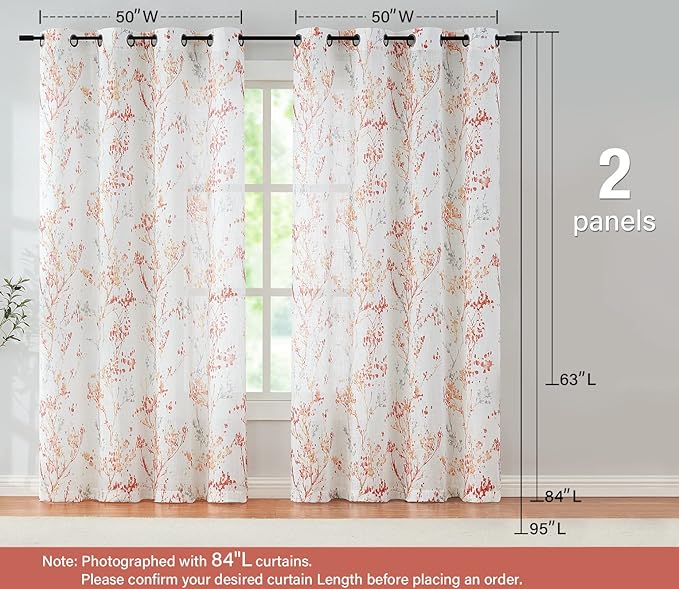 Branch Sheer White Curtains 96inch Long Red Tree Branch Semi Sheer Curtains - Image 6