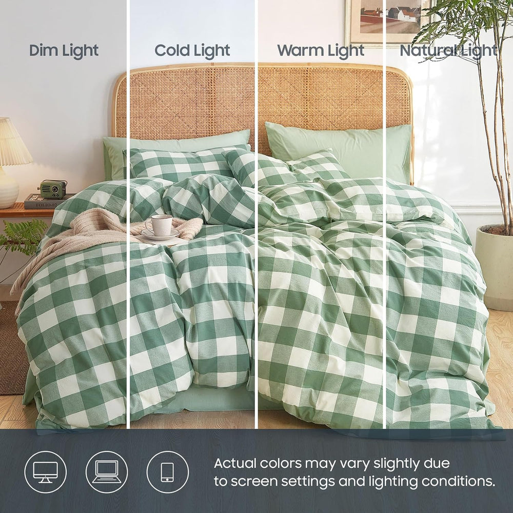 Wake In Cloud - Gingham Cotton Duvet Cover Set, Plaid Buffalo Check Checkered...