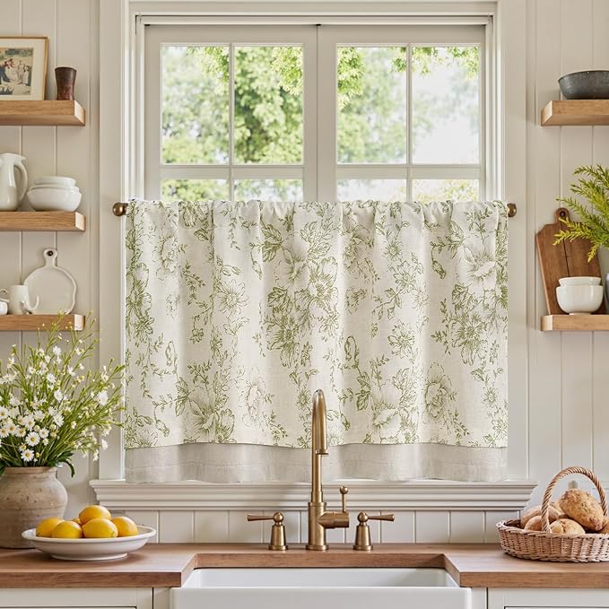jinchan Linen Kitchen Curtain 24 Inch French Floral Double Layer Curtain by JINCHAN