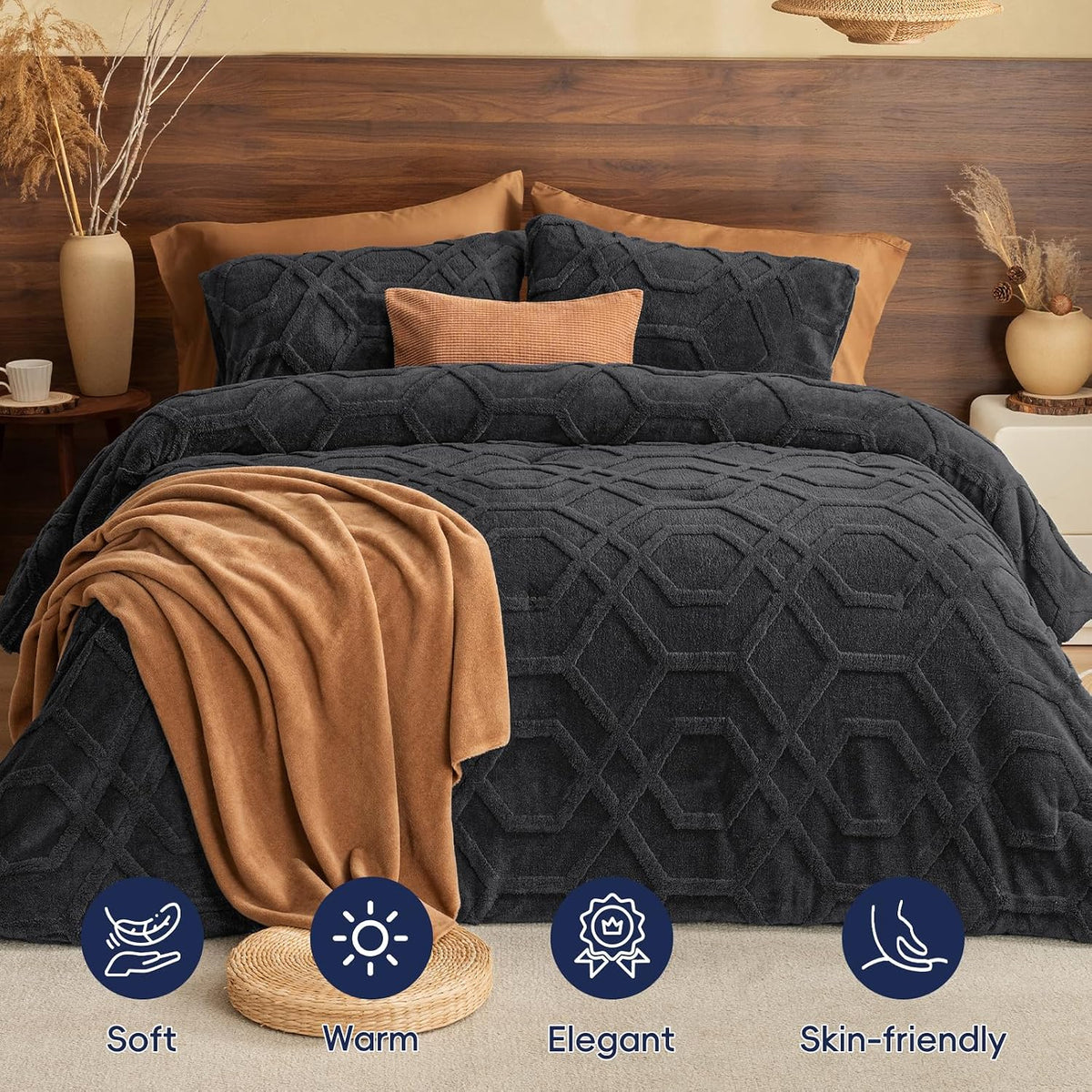 phf warm sherpa fleece queen comforter set, 3d showing dimensions