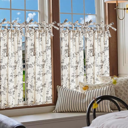 jinchan Floral Kitchen Curtains 36 Inch Linen Tier Curtains Farmhouse Cafe Half - Image 2