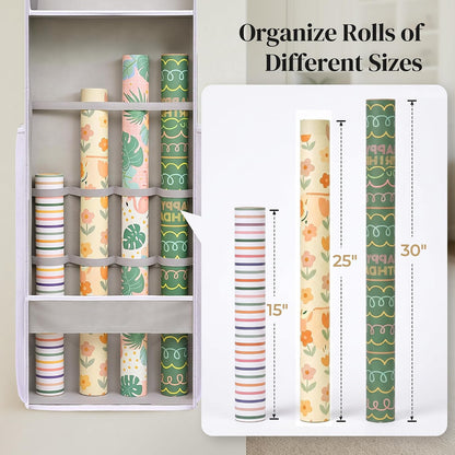 Ordovibe Wrapping Paper Storage Organizer, Over The Door Gift Wrap Holder with Removable Drawer & Side Mesh Pockets – Space Saving Closet Organizer for Christmas, Halloween, Birthday Rolls Supplies Gray