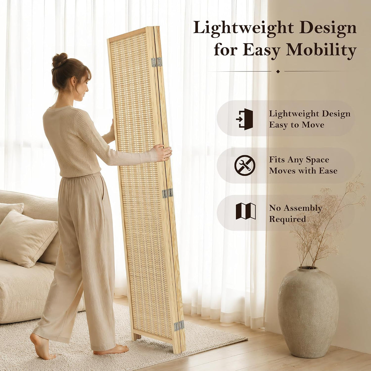 4 panel bamboo room divider, folding privacy screen on a desk or shelf