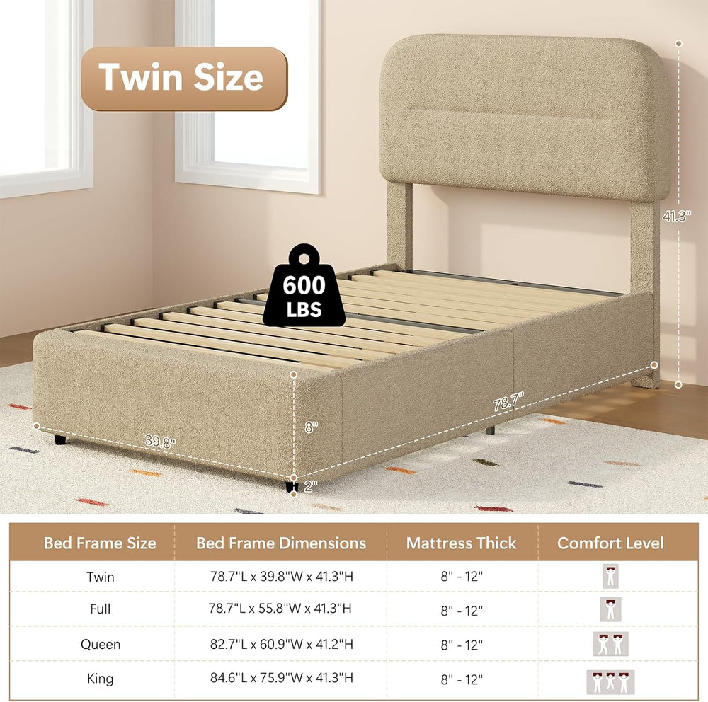 HOMBCK Twin Boucle Bed Frame,Beige Twin Upholstered Bed Frame