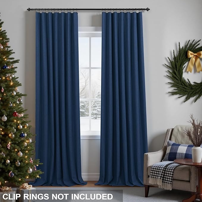 KOUFALL Navy Blue Curtains Linen Blackout, Back Tab Textured 90 Inch Long - Image 3