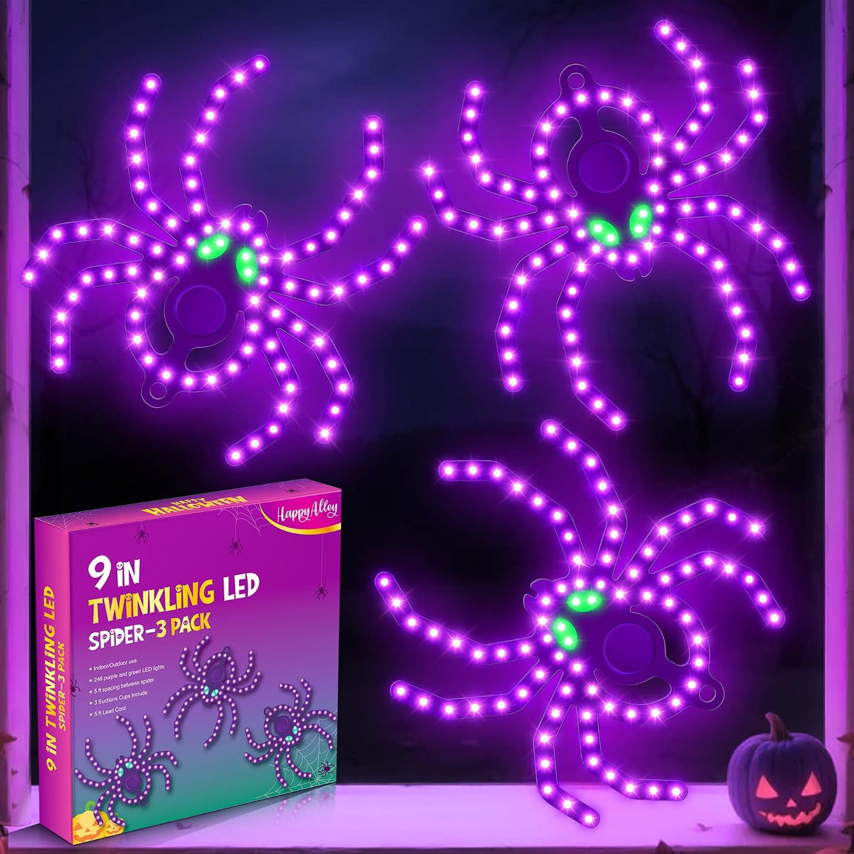 3 Pack 9" Halloween Classics Twinkling LED Spiders, Hi-Vibrant Aluminum Frame Spiders Window Silhouette Lights, 234 Purple and 12 Green LED Lights, Holiday Indoor Outdoor Decoration