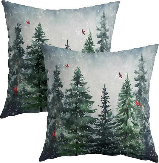 Green Tree Throw Pillow Covers Winter Snowy Forest Pillowcase 16x16 inch 2 PCS by Granbey